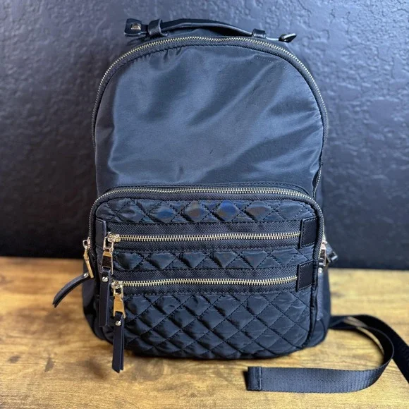 Mistique Quilted Nylon Black Gold Hardware Multi-Pocket Backpack Womens Medium