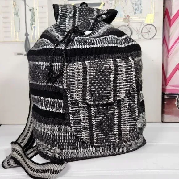 EUC Blk/Gray Striped Blanket Drawstring Backpack