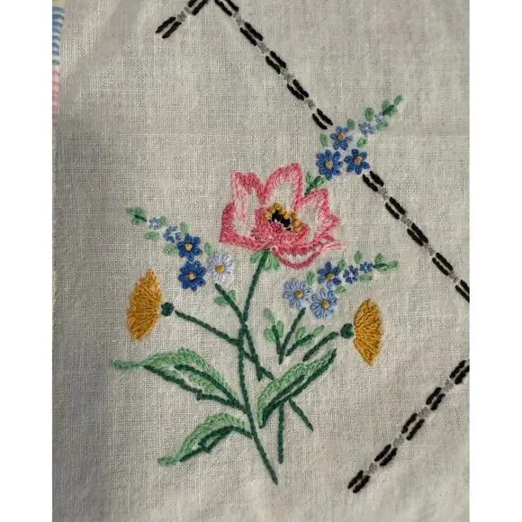 Vintage Embroidered Linen Doily Pastel Crochet Lace Floral