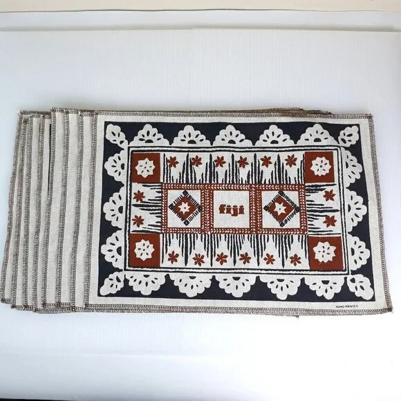 8-Hand Printed Linen Made in Fiji French Polynesian Placemats Tiki Ethnic