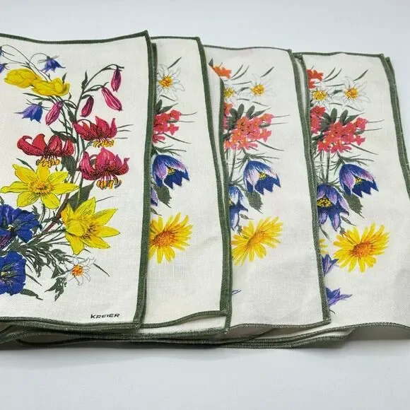 Kreier Swedish Vintage Linen Floral and Green Trim Napkins Placemats Set of 4