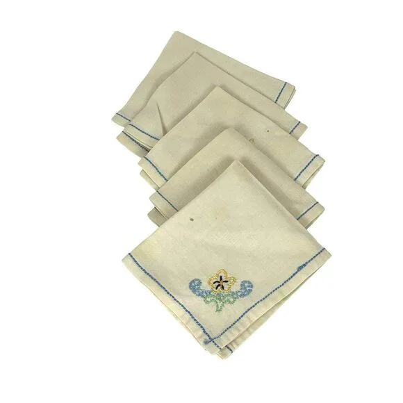 Vintage Linen Cocktail Luncheon Napkins White Embroidered