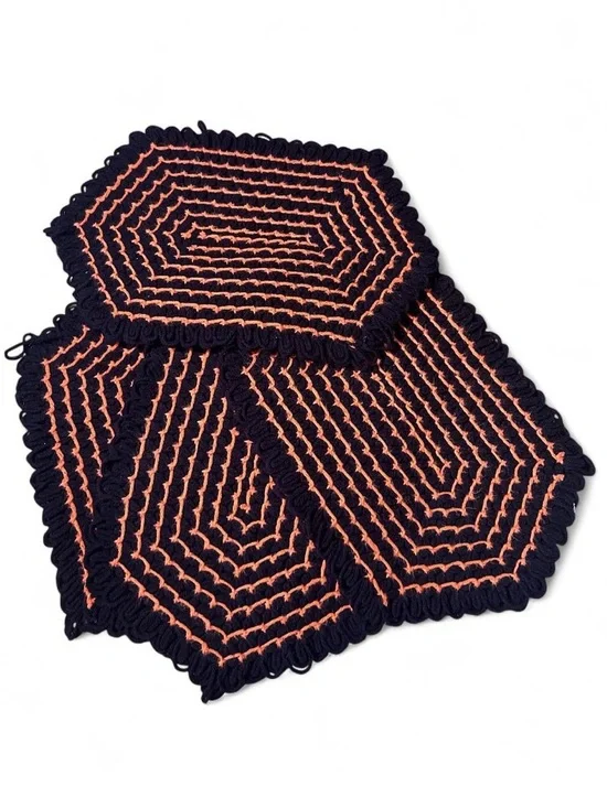 Vintage Handmade Crochet Hexagon Brown Orange Spooky Halloween Place Mats Set 4