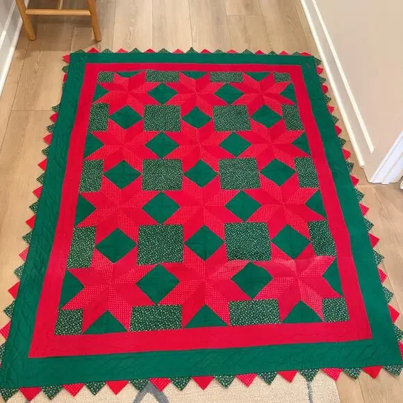 Vintage 1989 Handmade Christmas Quilt Tablecloth Prairie Point Trim 57' x 71