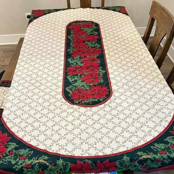 Elegant vintage Holiday Tablecloth with Poinsettia Design