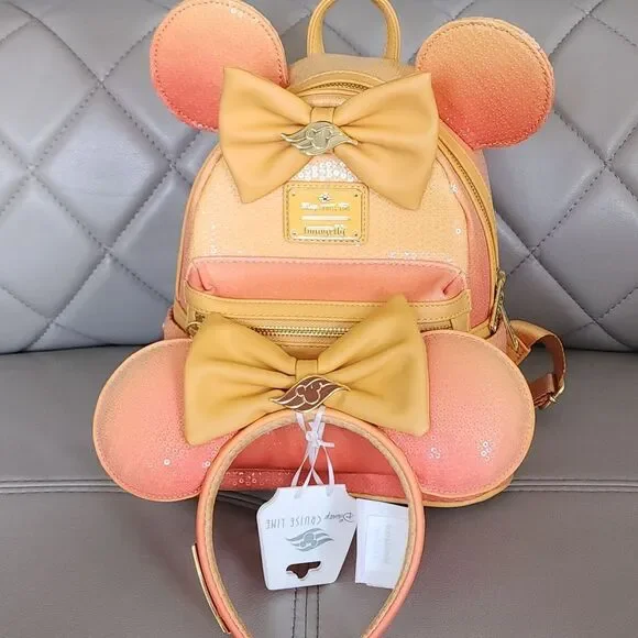Disney Cruise Line Peach Ombre Ears & Loungefly Sequin Backpack DCL NEW