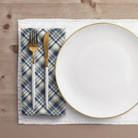 NWT Porter Anna- Navy & Gold  Cotton Napkin 4-set, Tartan