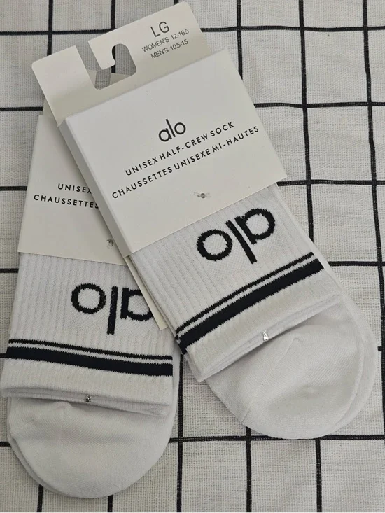 ALO Yoga White Crew Socks with Black Logo and Stripes