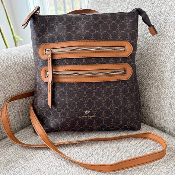 Nanette Lepore Convertible‎ Backpack Crossbody Large Brown Monogram Tan Trim Bag