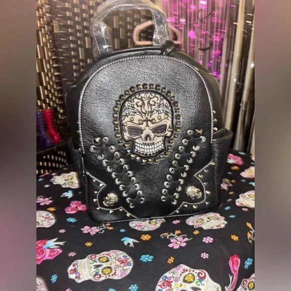 Edgy Backpack with Studded Skull Design