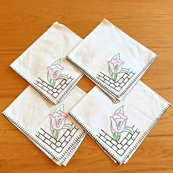Vintage Napkins Set of 4 Hand Embroidered White Purple Flower Black Border