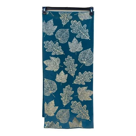 Autumn Gold Filigree Leaves Blue Table Runner with Beaded Stems 16