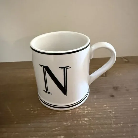 SUR LA TABLE Mug MONOGRAM “N” Initial Letter Handcrafted Stoneware Black White