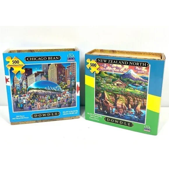 Dowdle Folk Art Jigsaw Puzzles Chicago Bean 500 pc & New Zealand North 500 pc
