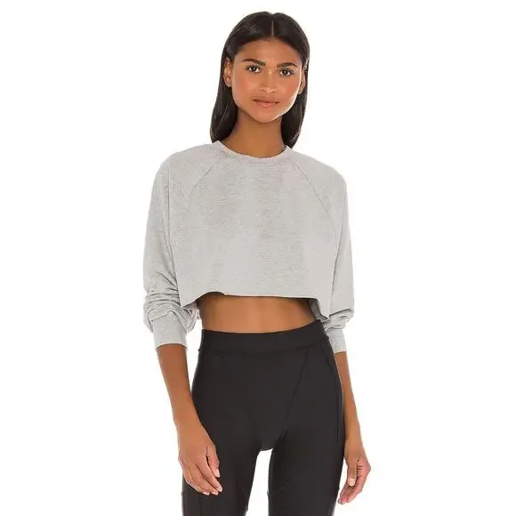 Alo Yoga Double Take Crop Raw Hem Crew Pullover Sweatshirt Dove Grey Heather M