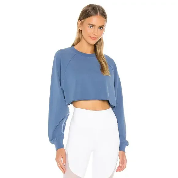 Alo Yoga Double Take Pullover Long Sleeve Crewneck Raw Hem Crop Top Blue Jean S