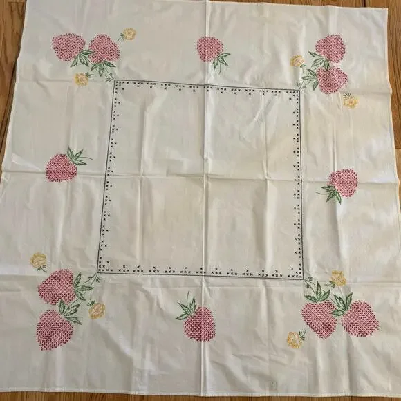 Vintage Hand Embroidered Strawberry Tablecloth White Cottagecore 50 x 50 OOAK