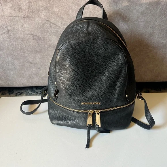 Michael Kors Black Pebbled Leather Small Backpack with Gold Hardware