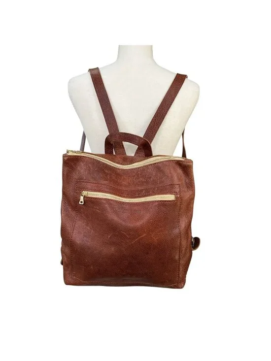 Portland Leather Goods Pebbled Leather Backpack With Gold Zippers Brown