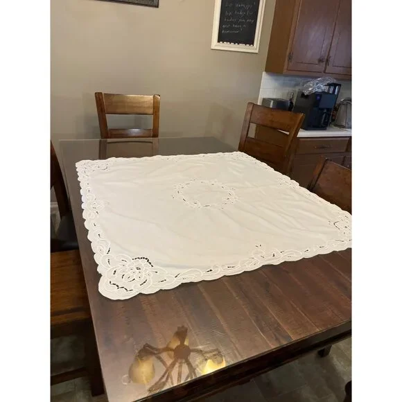 Vintage White Cutwork Embroidered Tablecloth Floral Linen Cotton Broderie Anglai