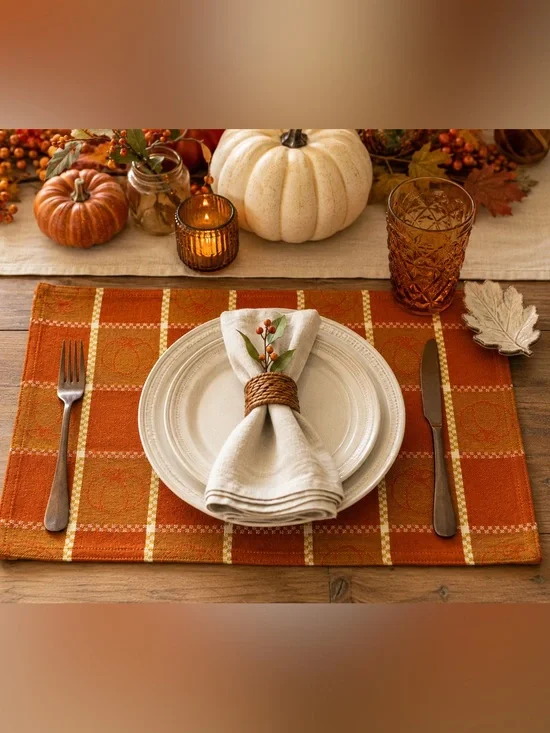 Harvest Orange Checkered Cotton Rectangle Placemats with Pumpkin Design Set of 4