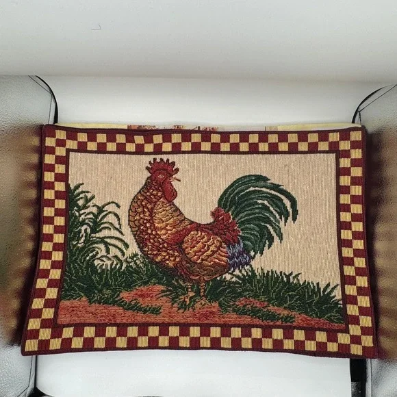 6-PP Home Collection Rooster Tapestry Placemat Farmhouse Checkered Border 13x19