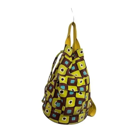 Ecototes Canvas Drawstring Bucket Backpack Geometric Print Yellow Brown