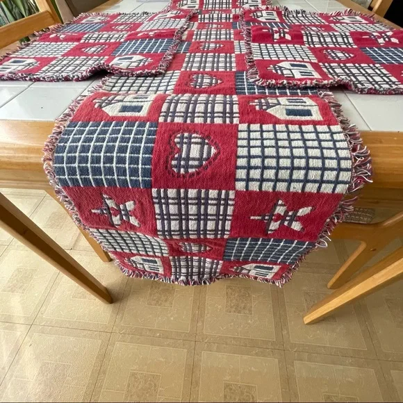 Table Runner and Four Matching Placemats Red White and Blue Farmhouse Americana