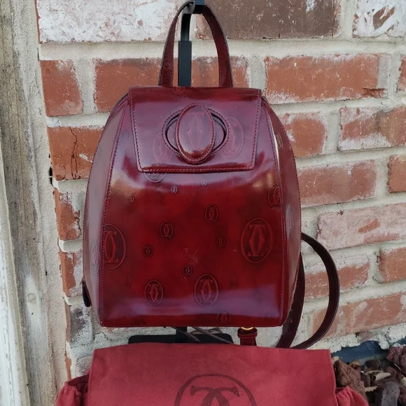 Vintage Cartier Happy Birthday Patent Leather Backpack Unisex Bordeaux Red