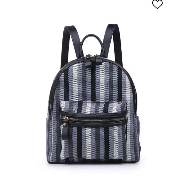 MODA Luxe Trent Backpack Blue Striped Patterned Fabric Faux Leather Travel Bag