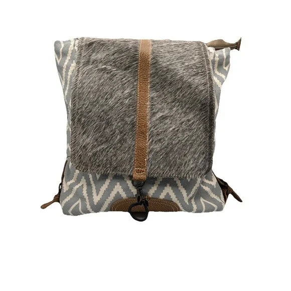 Myra Bag‎ Aztec Motif, Leather, Cotton Backpack, Flap Closure, Grey/White, VGC