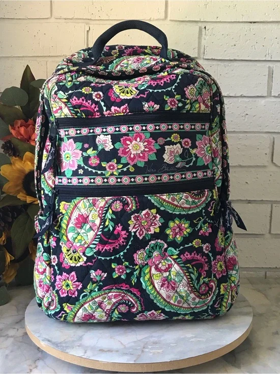 Vera Bradley Petal Paisley Campus Backpack Padded Laptop Zip Pocket Pink Blue