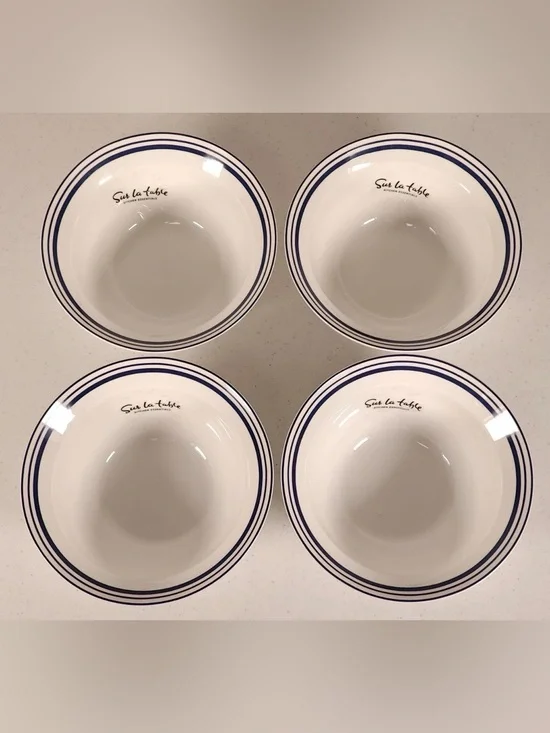 Sur La Table White Ceramic Bowls with Navy Stripe - Set of 4 Bistro style