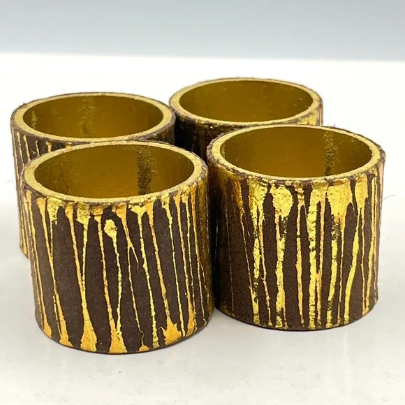 Vintage‎ Kim Seybert Gold & Brown Wood Bark Texture Napkin Rings, Set of 4