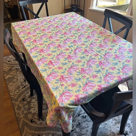 Laura Ashley Tablecloth 60x82 Peonies Fowers Yellow Pink Stain/Spill Resistant