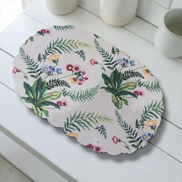 Vintage Drulane Primrose Floral Scalloped Oval Vinyl Placemats Set of 6 Cream