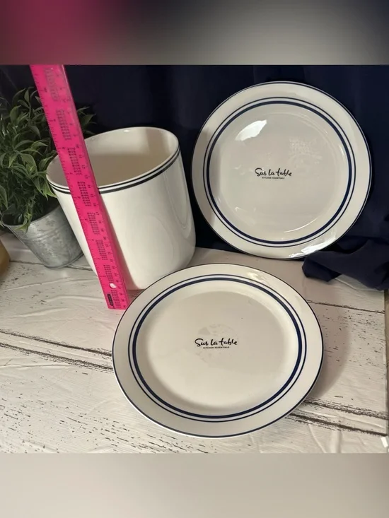 Sur La Table White Ceramic 8” Side 2-Plates Bistro Navy Stripe & Utensil Crock