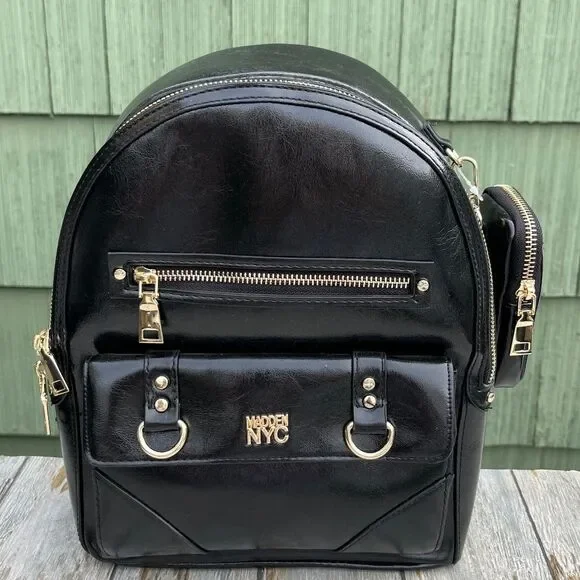 Madden NYC Black Faux Leather Mini Backpack with Gold Hardware