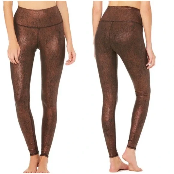 Alo Yoga High Waist Airbrush Leggings M Metallic Cracked Foil Copper Bronze