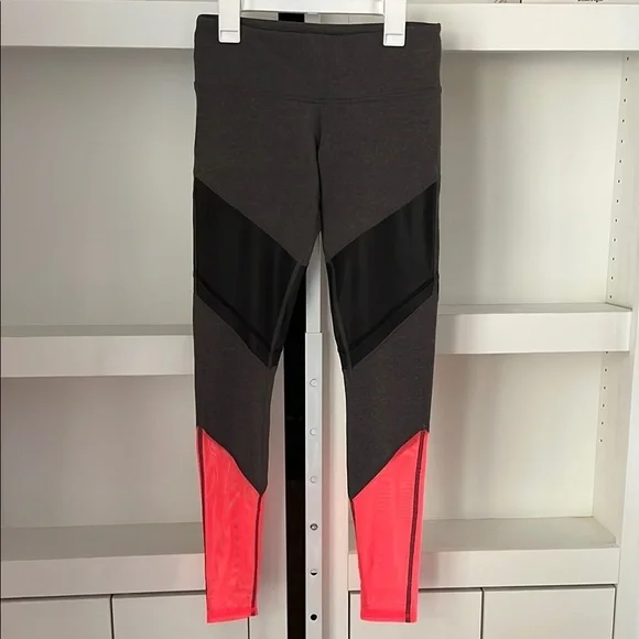 Alo Yoga Sheila ColorBlock Full Length Leggings XS Alosoft Black Grey Neon Coral