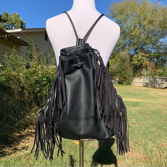 Victoria’s Secret Black Faux Leather Fringe Bucket Bag Backpack Purse