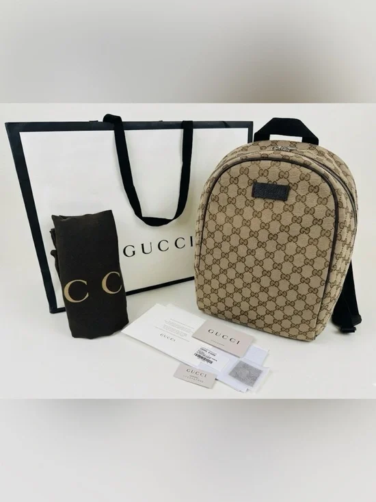 Gucci GG Canvas Backpack Beige Supreme Large 449906 Unused Full Boutique Set
