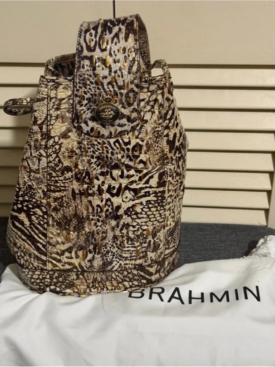 Brahmin Brown, Cream and Gold Animal-Print Leather Backpack