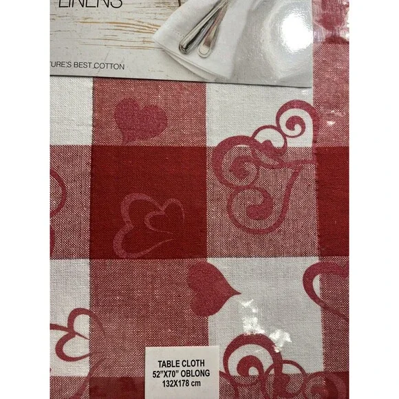 Cottage Classic Linens Red White Plaid Hearts Tablecloth 52”x70” Oblong
