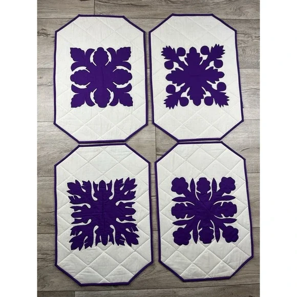 DBI Hawaii Inc Hawaiian Themed Placemats Quilted Set of 4 Purple White - NEW VTG