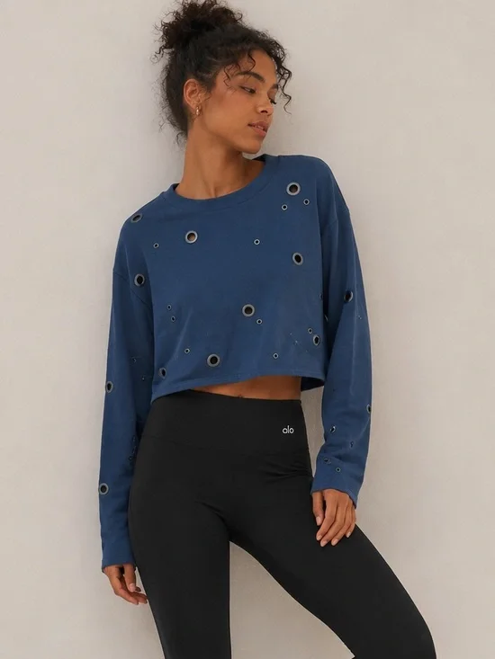 ALO teal cadence grommet cropped sweatshirt M