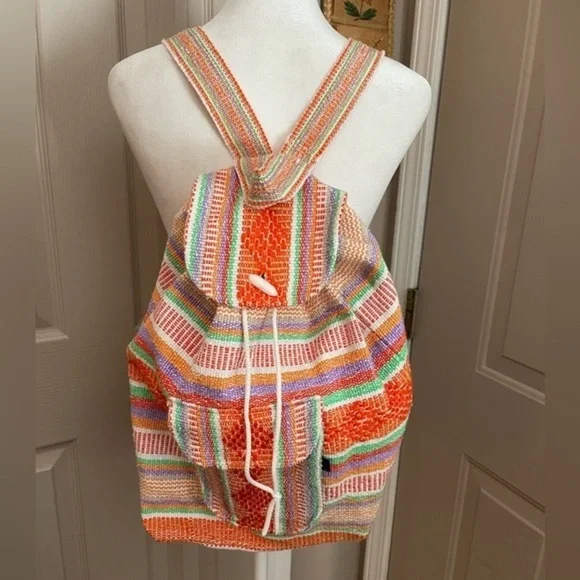 Artesanias Conde orange striped Baja serape backpack with front pocket. NWOT.
