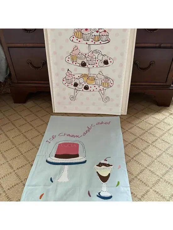 Sur La Table Embroidered Appliqué Dessert themed Tea Towel set of 2 NWOT