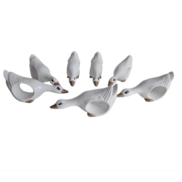 White Hand Painted Ceramic Goose Napkin Rings x 7