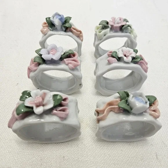 Vintage VTG Napkin Rings Set of 6 White Floral Porcelain Table Decor Cottagecore